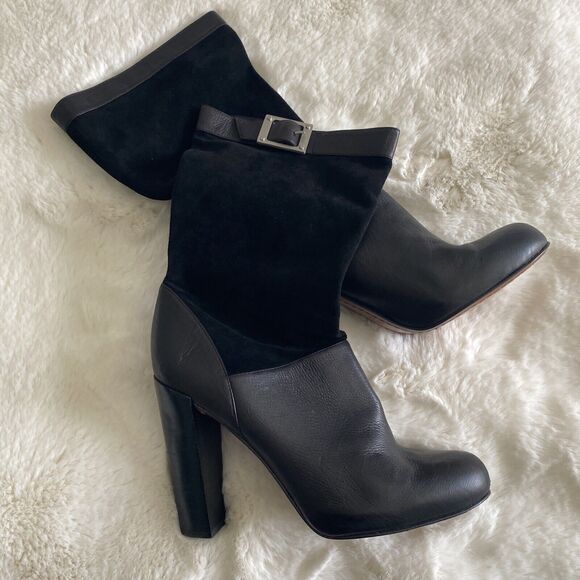 Rachel Zoe Women's 8.5 Claudia Black Leather Suede Slouch Buckle Heeled Boot - Picture 3 of 9